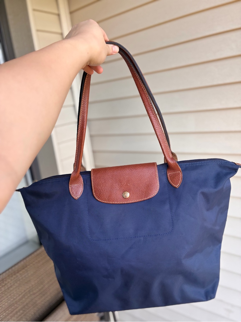 Longchamp Navy Shoulder Tote with Brown Leather Trim ( authentic )